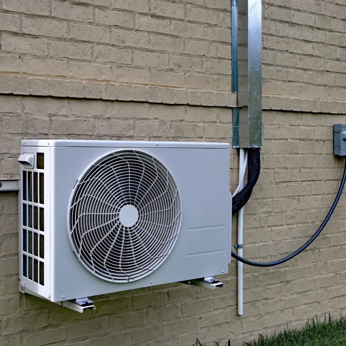 Air conditioning unit mounted on brick wall.