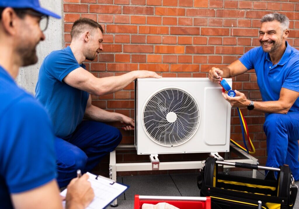 Technicians installing and testing air conditioning unit.